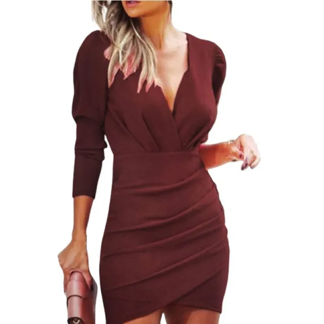 Thin Women's Solid Color Hedging Long Sleeve Dress Wine Red - Shop at LoveMi