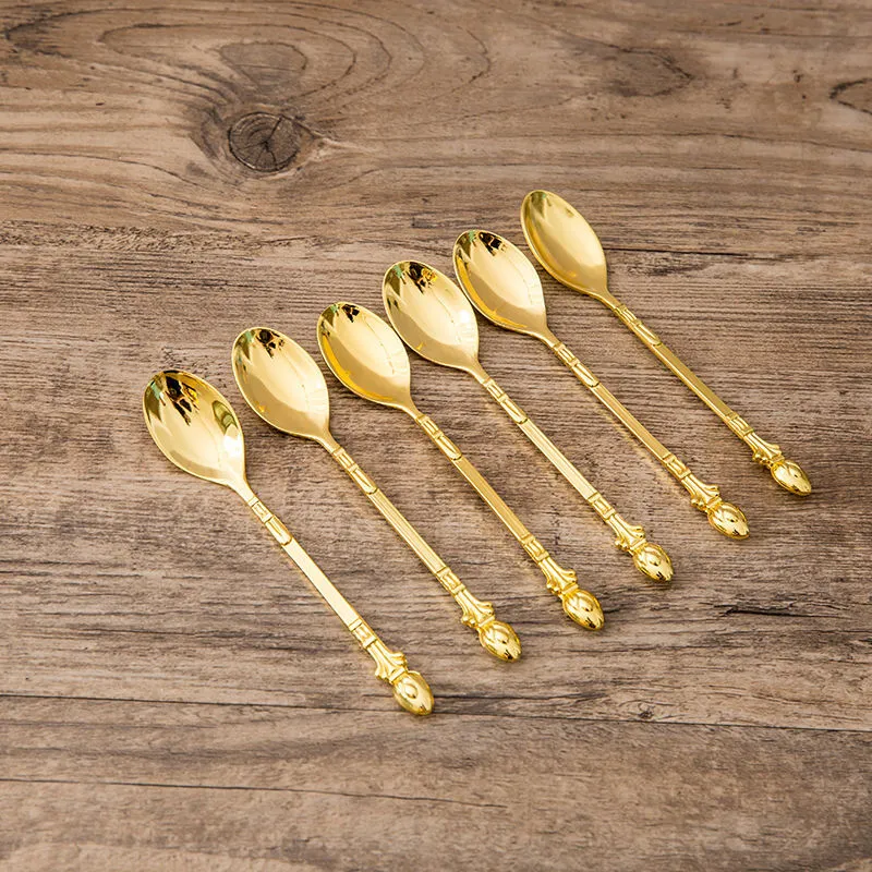 Coffee Spoon Fruit Fork Set Western Cutlery Dessert Swan Fork Holder Tableware - Gold 6Spoon