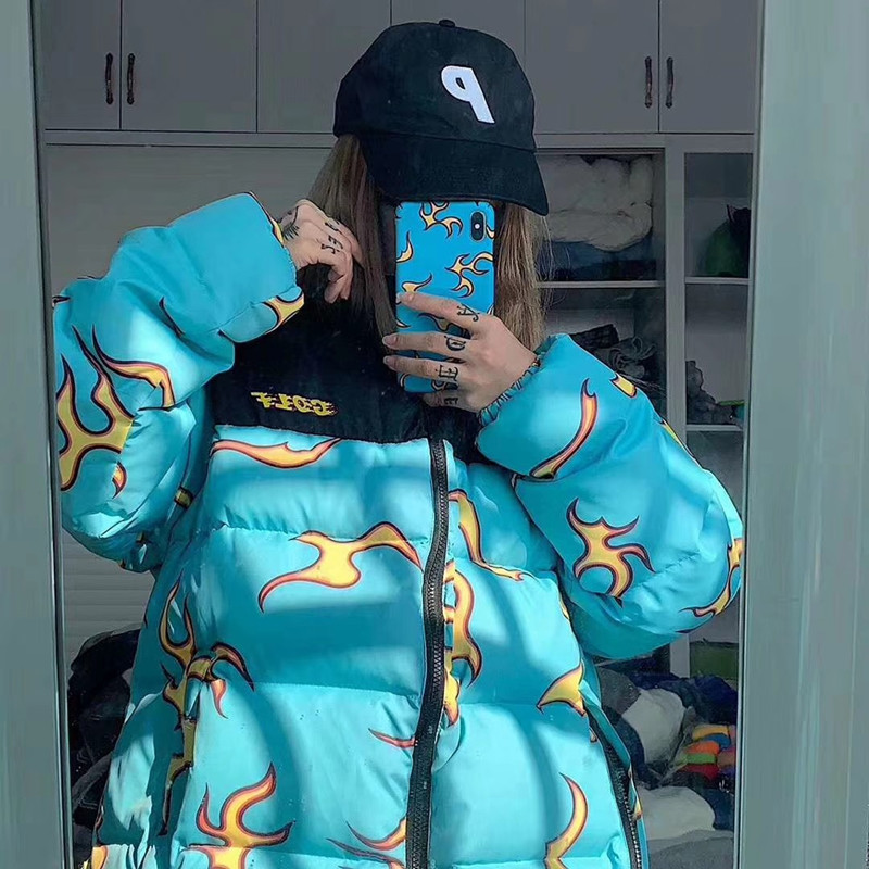 Blue Flame Down Cotton Jacket For Men And Women Lovers Autumn And Winter