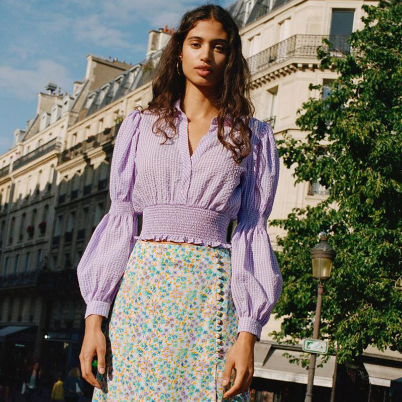 Purple New V-neck  Temperament Ladies Plaid Short Shirt Top