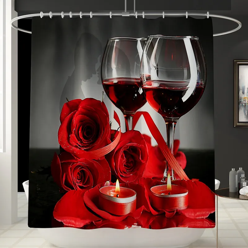 Four-Piece Set Of Rose Wine Print Shower Curtain Floor Mat - Yl339