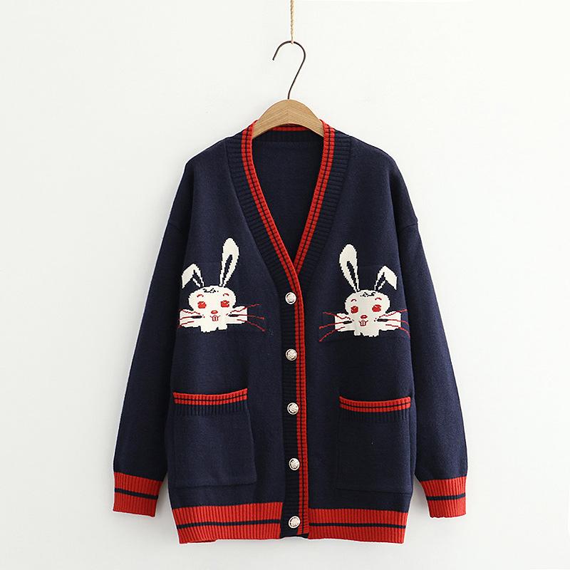 Rabbit V-Neck Button Pocket Striped Knitted Sweater Coat