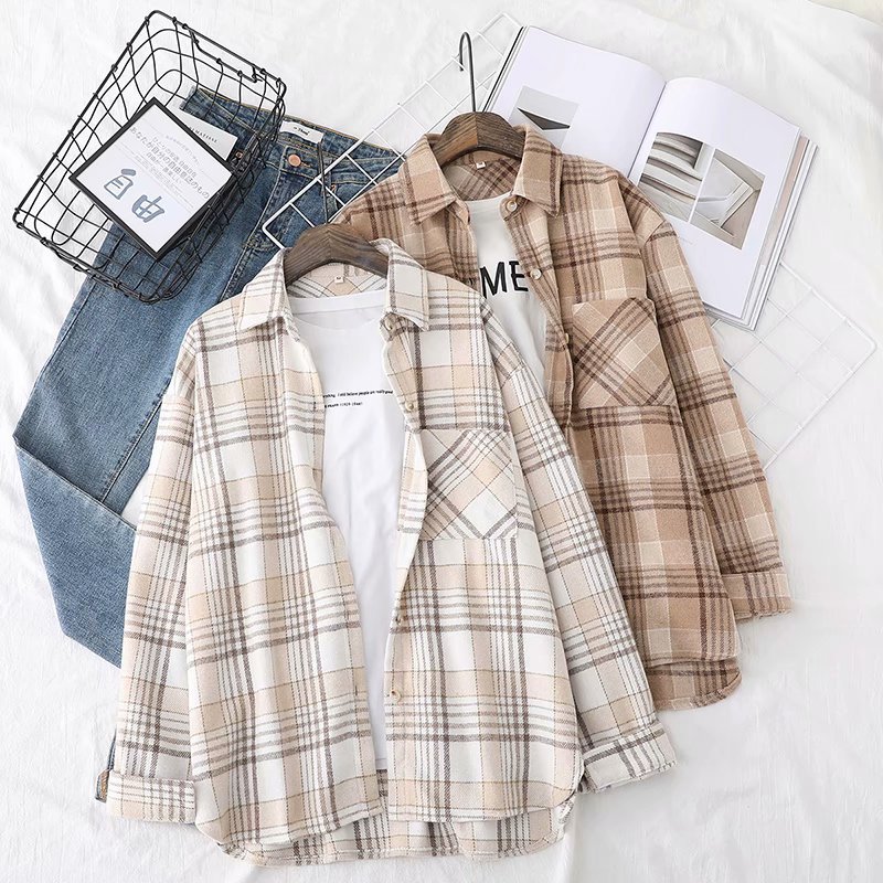 Lapel Single-Breasted Woolen Plaid Loose Shirt