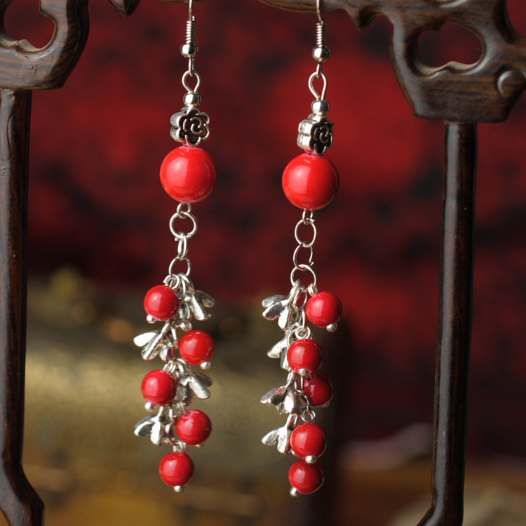 Ethnic Style Jewelry Red Pearl Seedling Silver Beaded Earrings