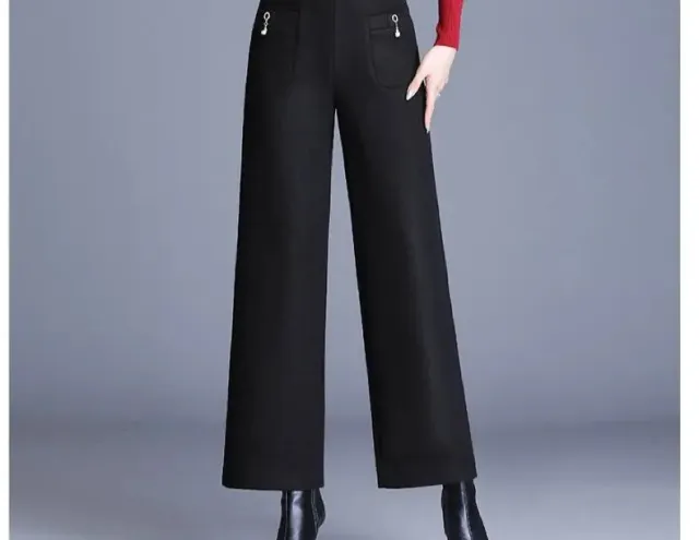 High Waist Loose Cropped Casual Woolen Trousers Black - Shop at LoveMi