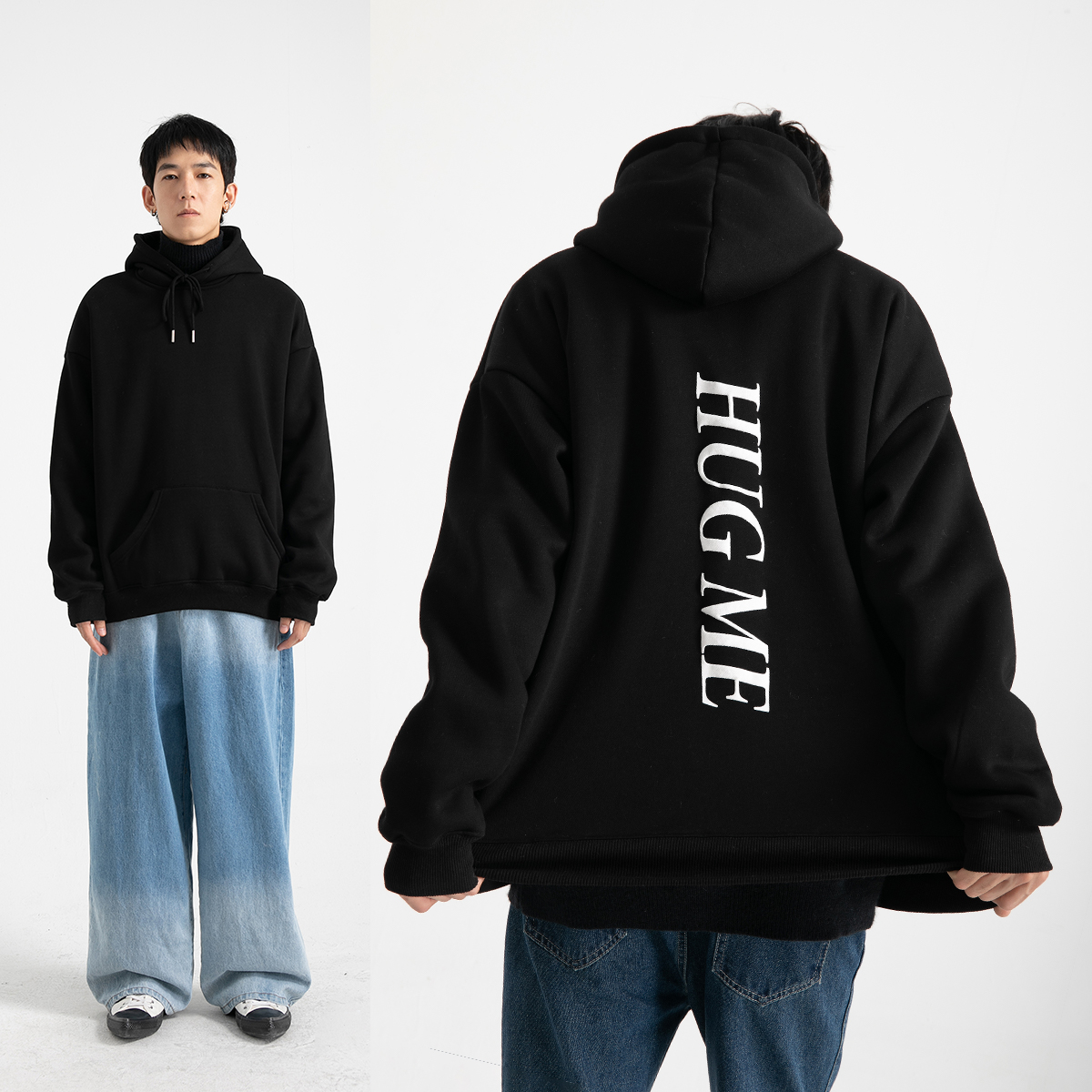 Foam Printing Solid Color Hooded Plus Fleece Sweater