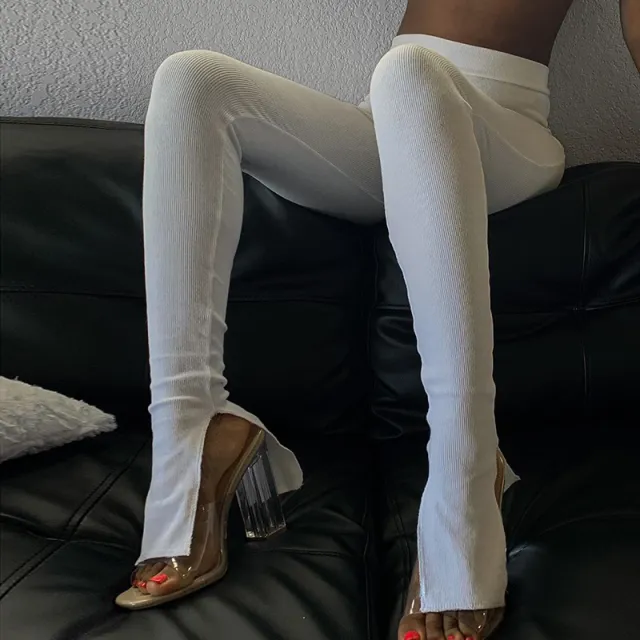 Skinny High Waist Casual Trousers With Striped Ankle Slits White - Shop at LoveMi