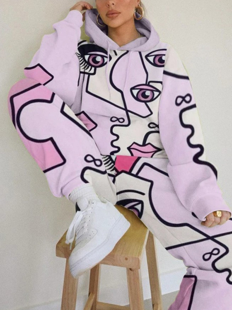 Casual Hooded Loose Print Basic Women's Sweatshirt Set