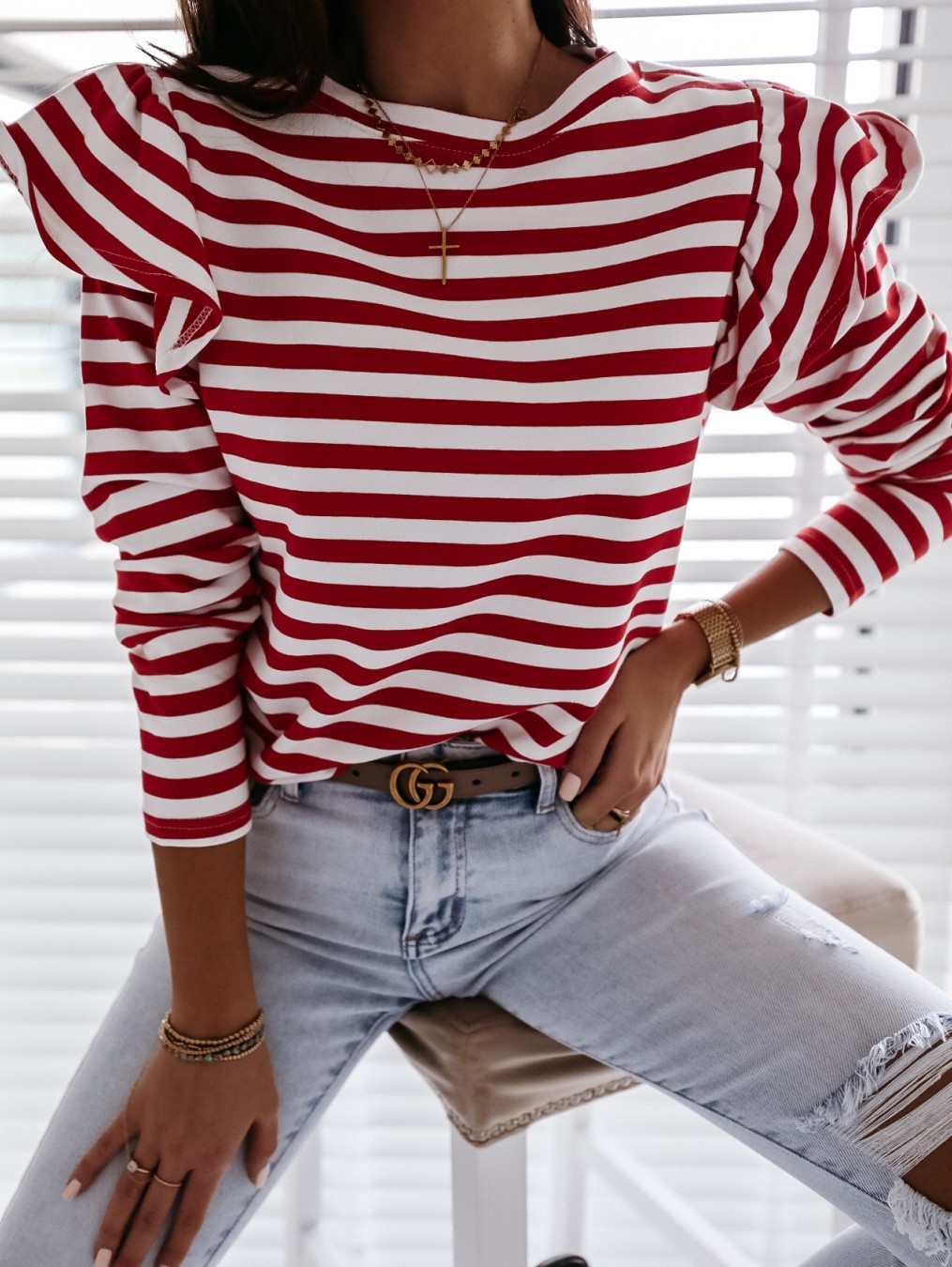 Ladies Round Neck Long Sleeve Striped T-shirt