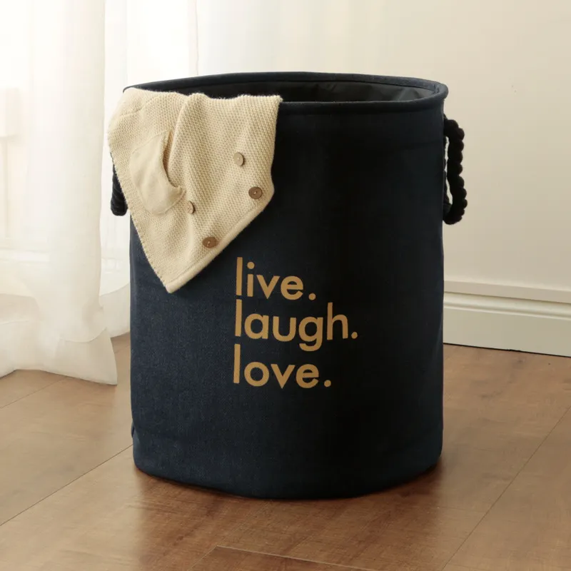 Cotton And Linen Folding Storage Laundry Basket - Navy Blue