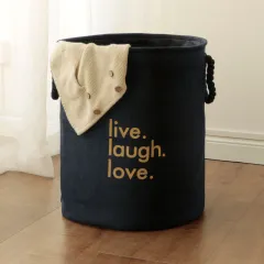 Cotton And Linen Folding Storage Laundry Basket - Navy Blue - View 1