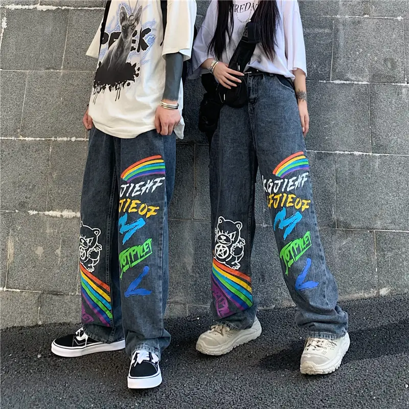 Childlike Rainbow Print Loose Straight Wide Leg Pants