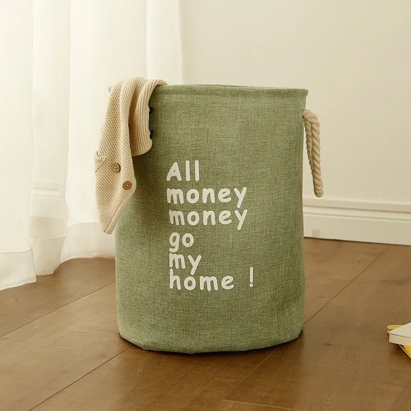 Cotton And Linen Folding Storage Laundry Basket - Green
