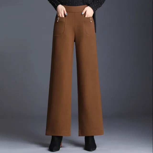 High Waist Loose Cropped Casual Woolen Trousers Brown - Shop at LoveMi