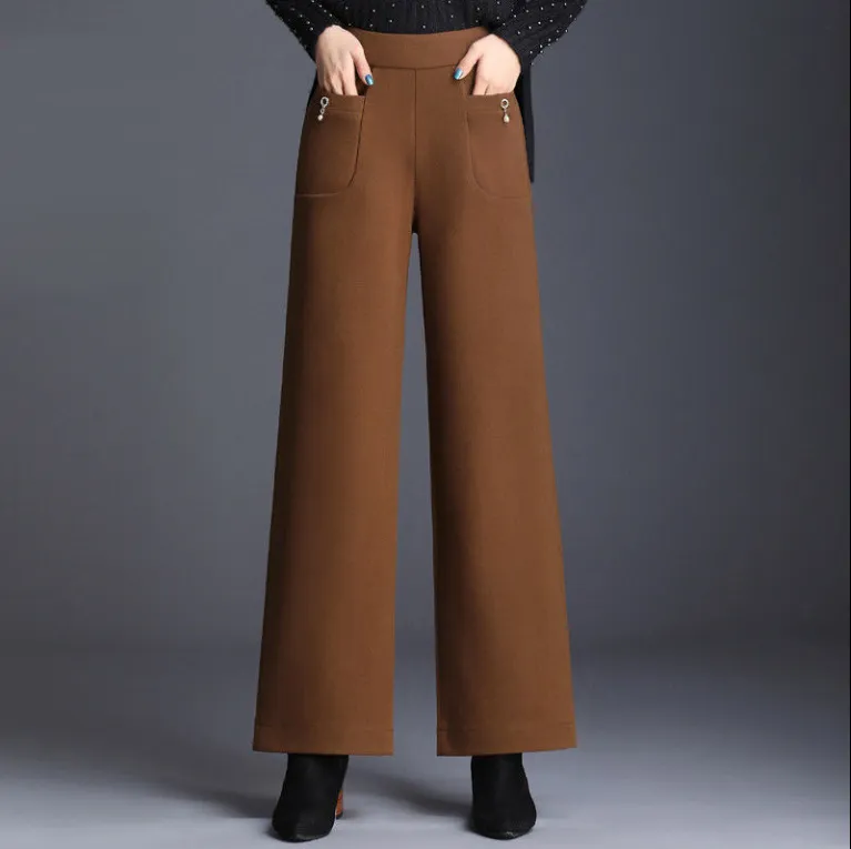 High Waist Loose Cropped Casual Woolen Trousers - Brown