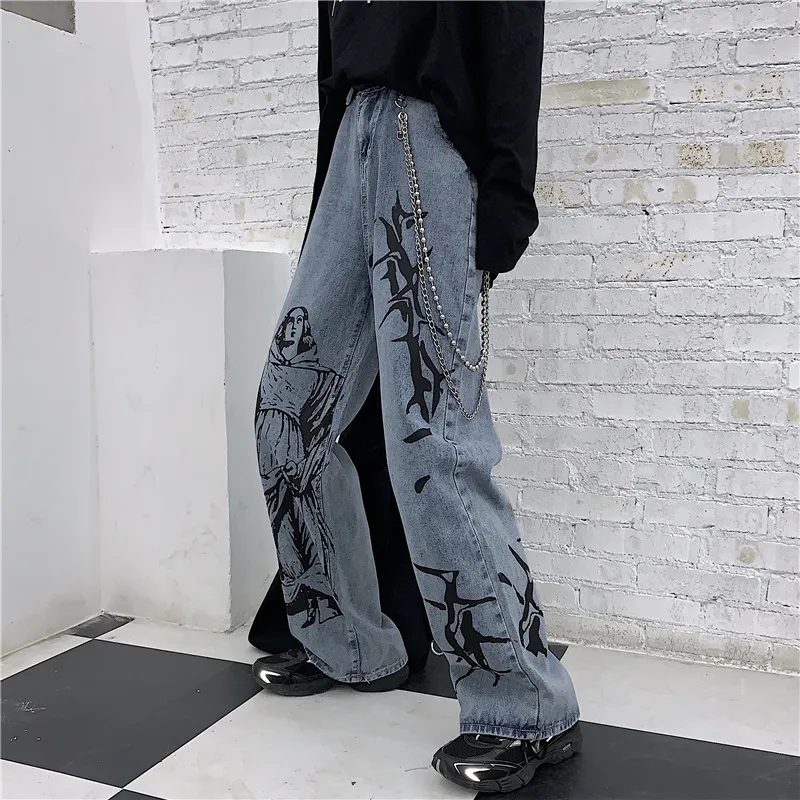 Hip Hop Retro Washed Jeans Loose Casual Wide Leg Pants - Grey