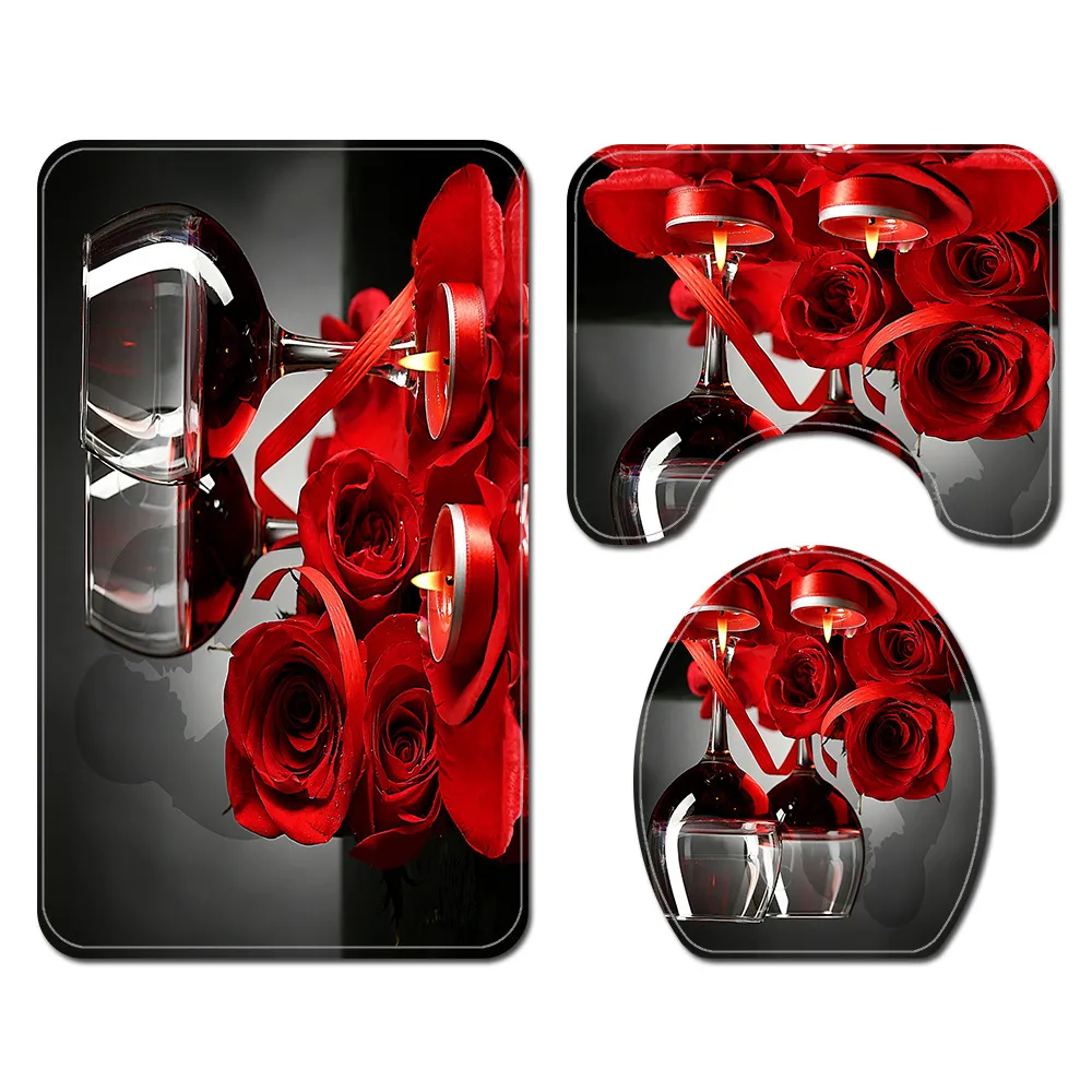 Four-Piece Set Of Rose Wine Print Shower Curtain Floor Mat - Sy339