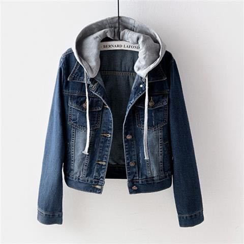 Plus Size Women's Denim Short Jacket, Hooded Cropped Zip Up Coat With Pockets For Street Style Layering Dark Blue - Shop at LoveMi
