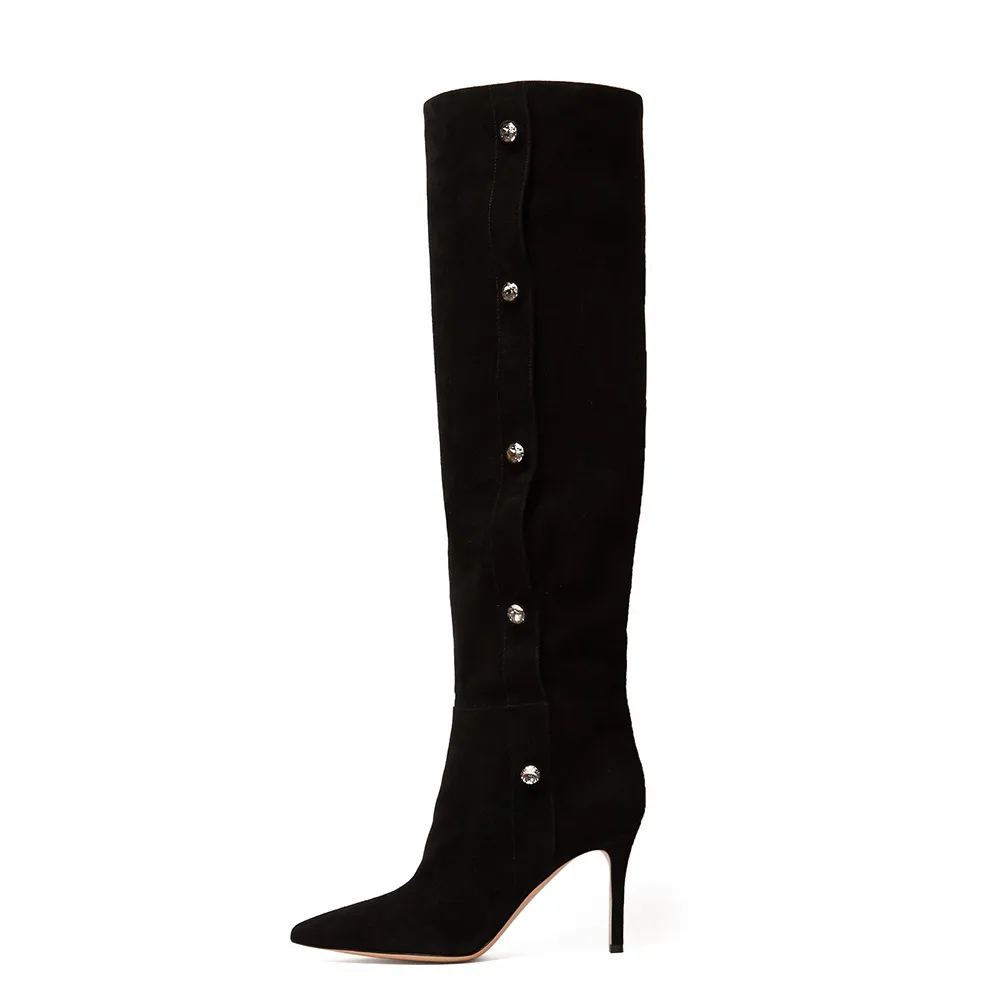 Black Pointed Toe High Heel Over The Knee Boots - Black