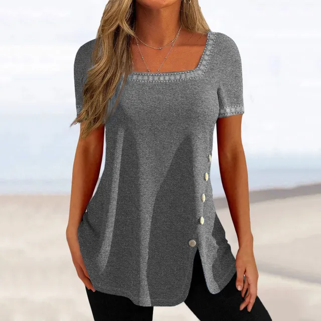 Printed Button Slit Short sleeved Top T shirt Women's Clothing Grey - Shop at LoveMi