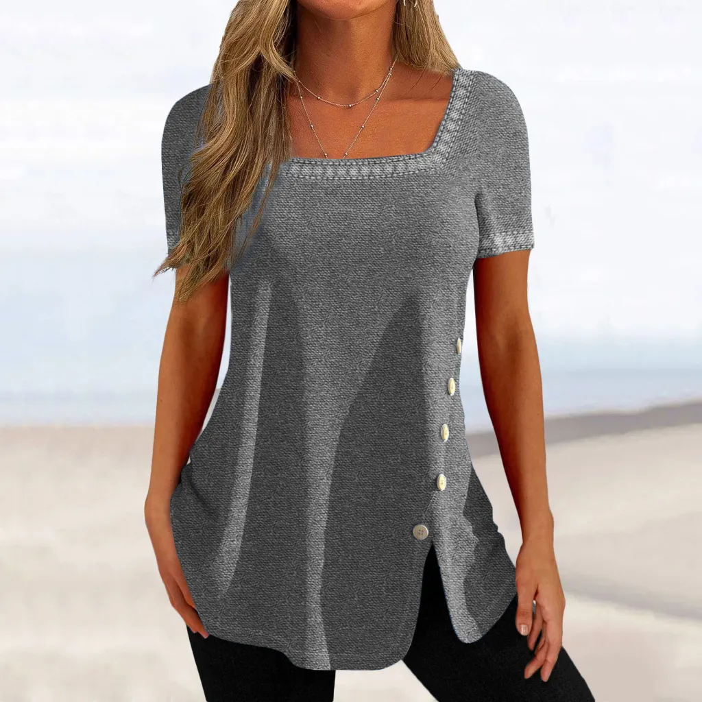 Printed Button Slit Short-sleeved Top T-shirt Women's Clothing - Grey