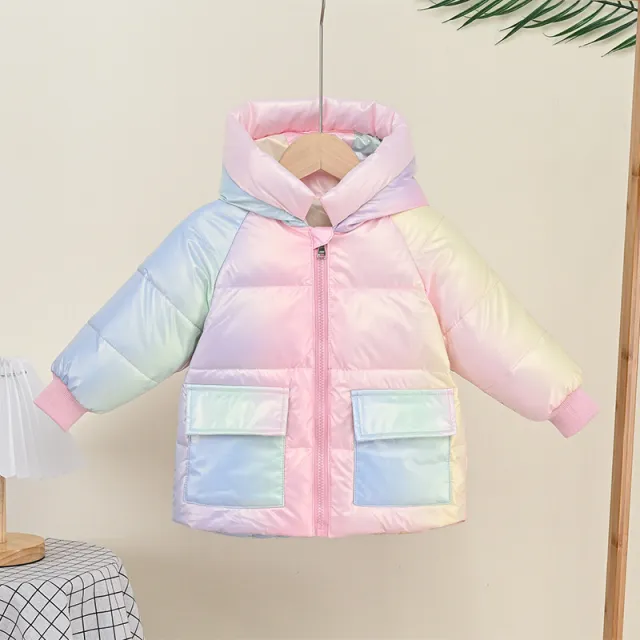 Girls' Down Jacket Thickened Autumn Rainbow Shiny Coat Pink - Shop at LoveMi