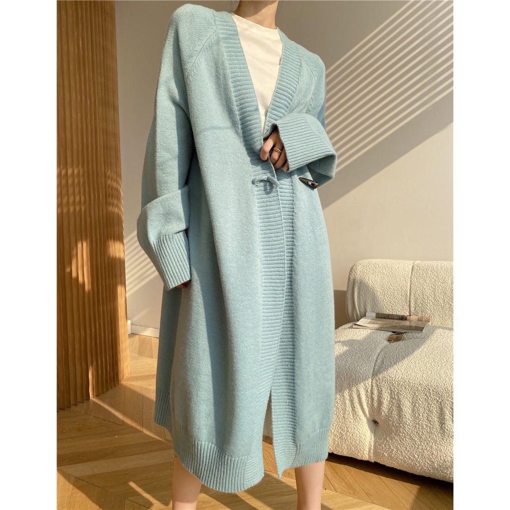Horn Button Mid-length Temperament Sweater Coat
