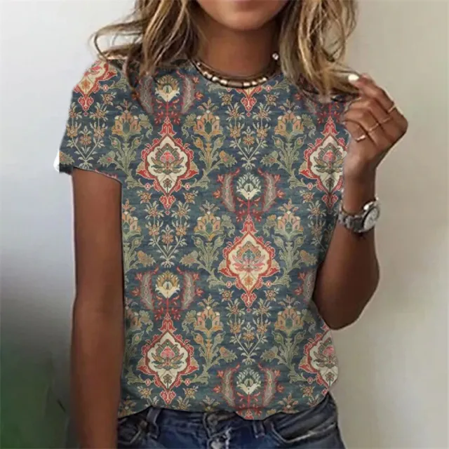 Round Neck Digital Print Short Sleeve Loose Women's T Shirt 4 Style 2Xl - Shop at LoveMi