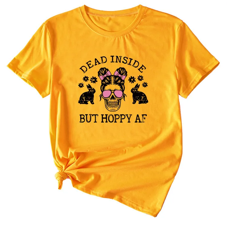 Skull Pattern Women's Summer Round Neck Short Sleeve - Mustard Yellow