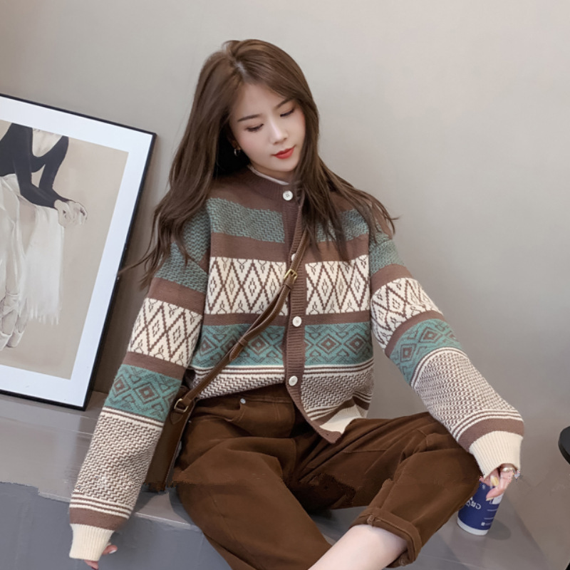 Design Sense Niche Round Neck Knitted Cardigan Top Coat Brown - Shop at LoveMi