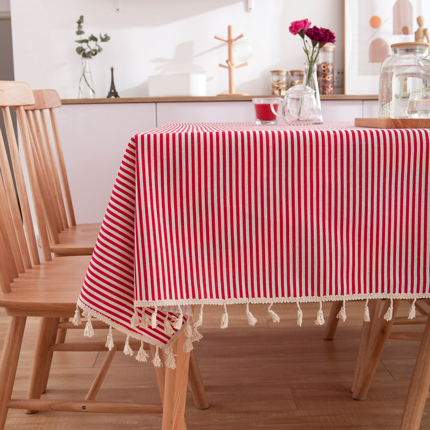 Red pinstripe linen with broom