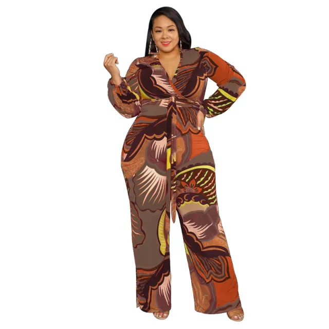 Women's Fashion Deep V neck Loose Fitting Jumpsuit With Belt Coffee - Shop at LoveMi