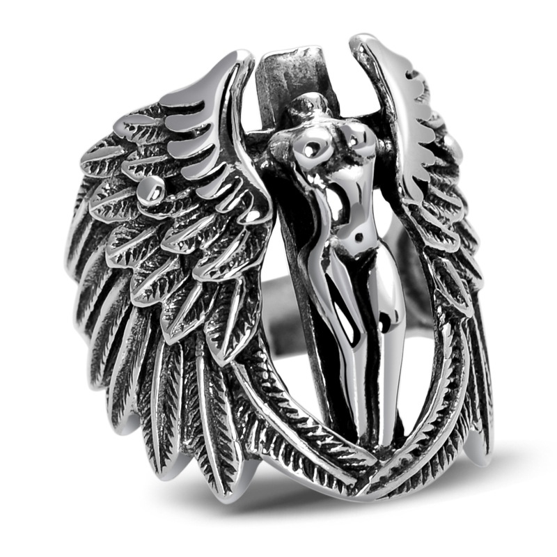 S925 Silver Vintage Headless Guardian Angel Feather Wings Ring