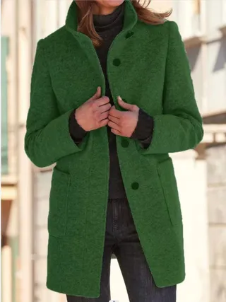 Women's New Vintage Solid Color Button up Stand up Collar Woolen Jacket Dark Green - Shop at LoveMi
