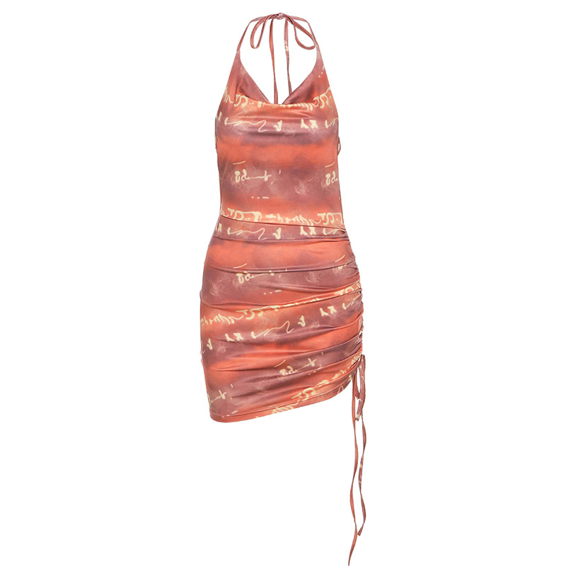 Halter Sleeveless Backless Slim Bag Hip Pleated Dress