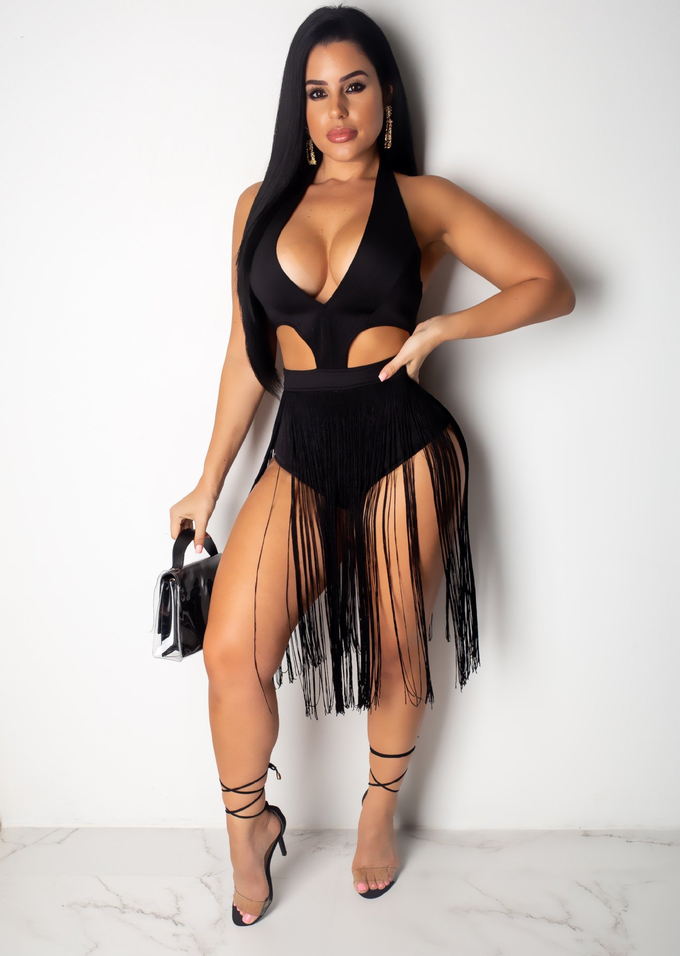 Women’s Solid Color Fringe Cutout Jumpsuit