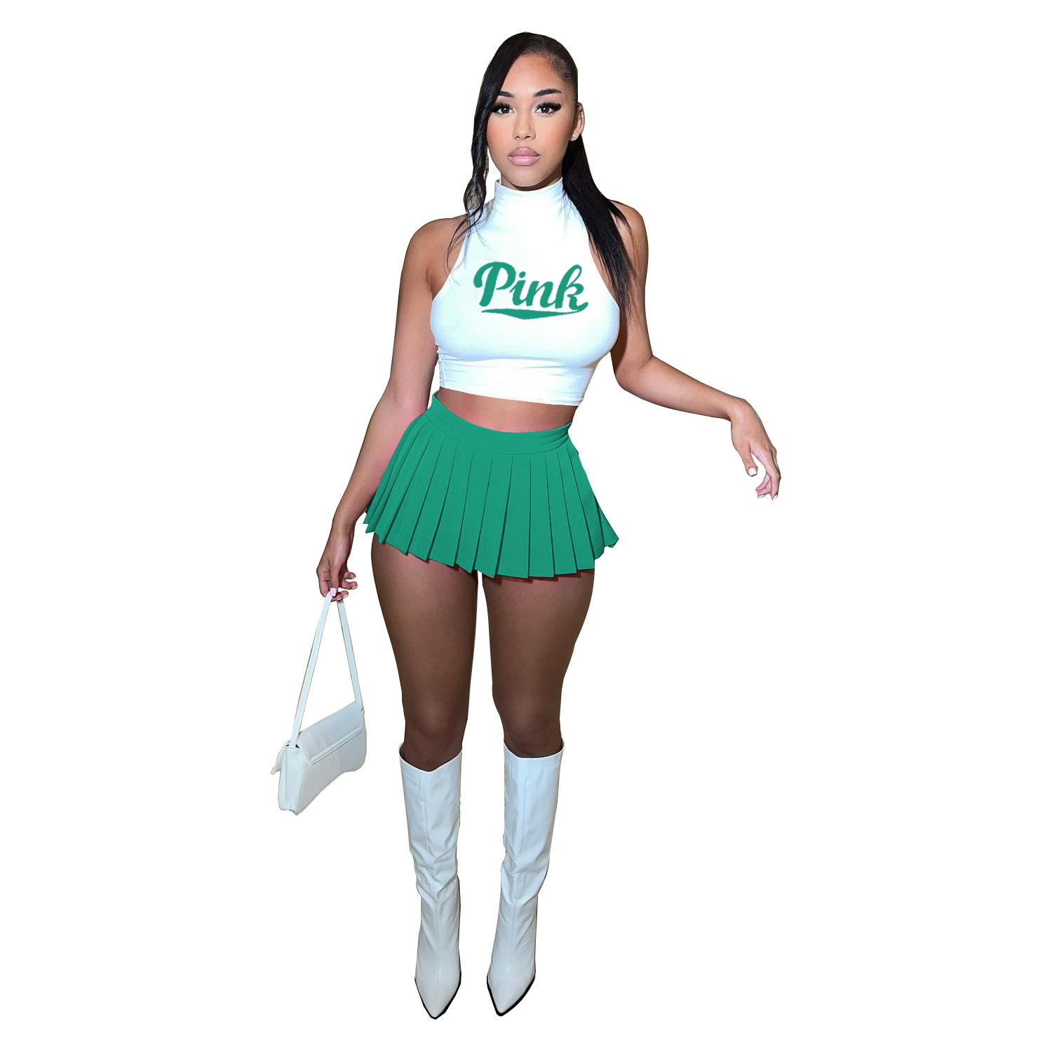 Fashion Printed T-shirt Pleated Skirt