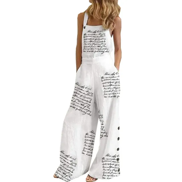 Printed Sleeveless Loose Casual Suspender Jumpsuit Wide Leg Pants Women White - Shop at LoveMi