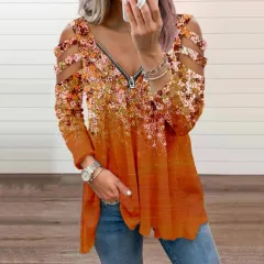 Small Floral V-neck Zipper Off-shoulder Long-sleeved Top - Orange - View 1