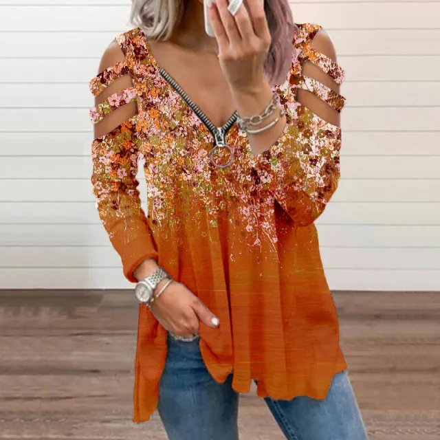 Small Floral V neck Zipper Off shoulder Long sleeved Top Orange - Shop at LoveMi