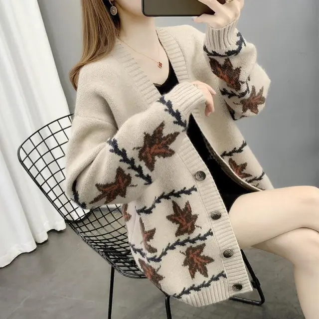 Maple Leaf Jacquard Knitted Cardigan Women's Loose Sweater Light Coffee - Shop at LoveMi