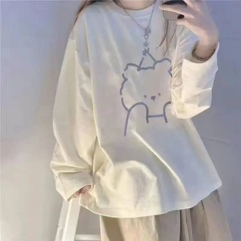 New Personalized Printed Loose And Versatile Long Sleeved T-shirt For Women - Simple Bear