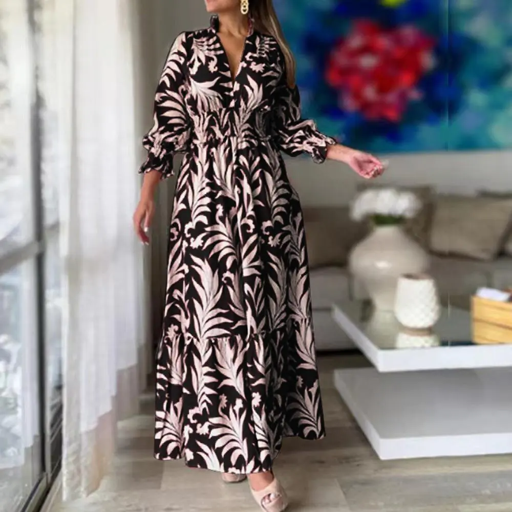 Boho Print Long-sleeve Swing Dress - Black Pink