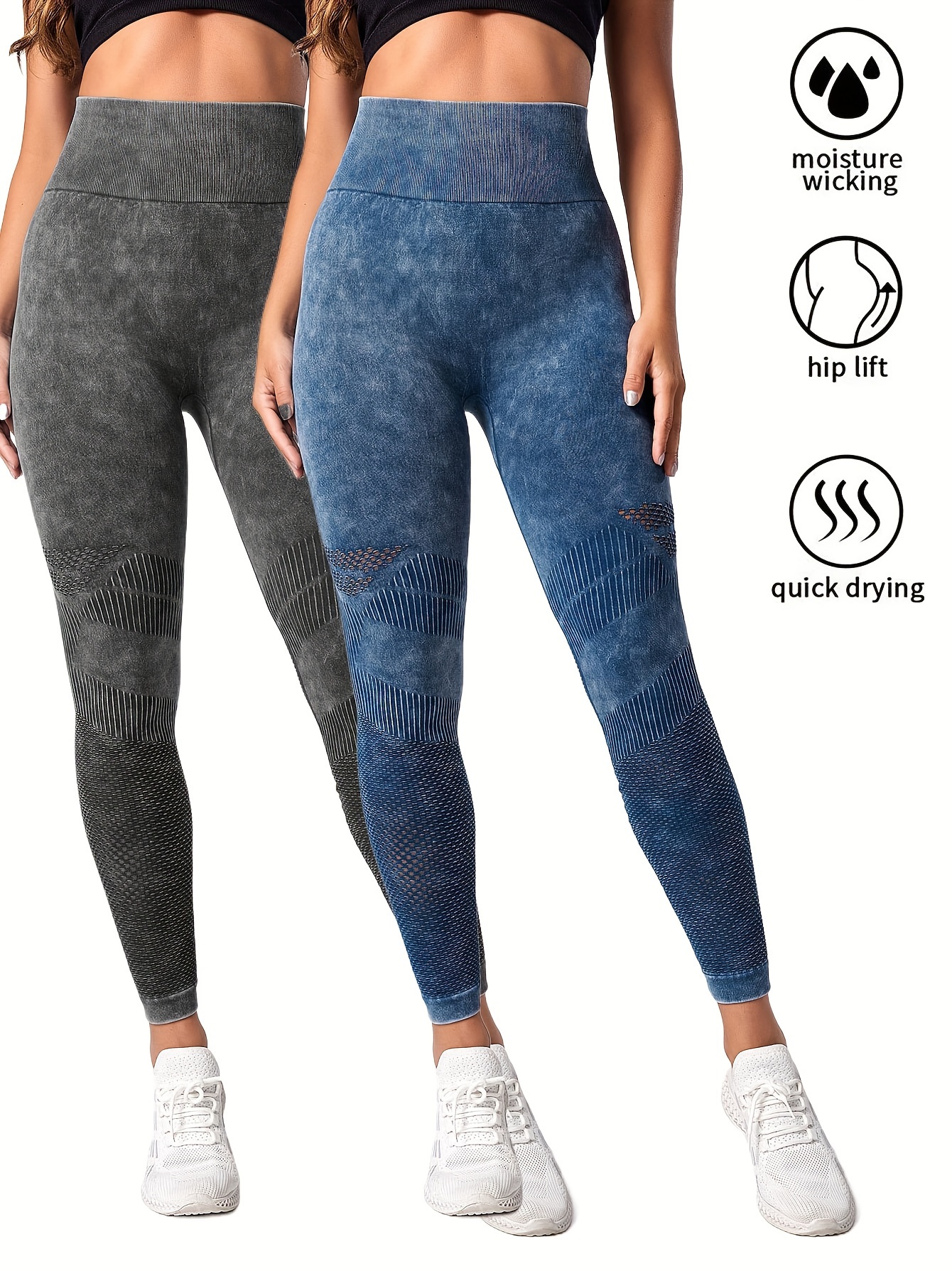 2 Pack Women's Seamless Washed Wide Waistband Sports Leggings, Women's High Waist Yoga Leggings, Textured Tummy Control Ruched Booty Tights Push Up Yoga Pants 2Pack5 - Shop at LoveMi