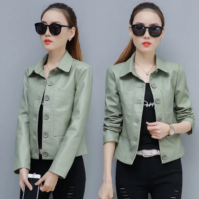 Leather Jacket Slim Slimming Ladies Motorcycle - Green