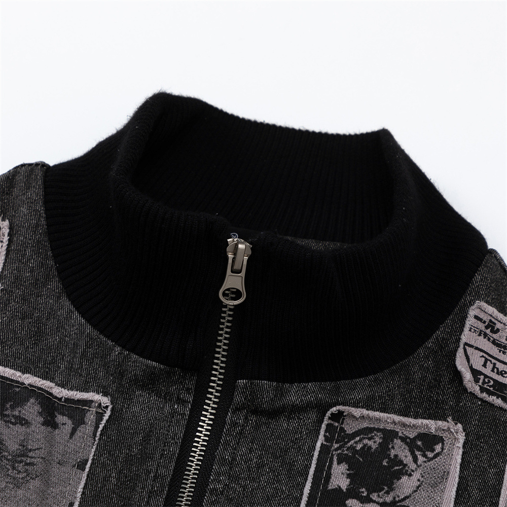 European And American Style Character Patch Stand Collar Denim Jacket