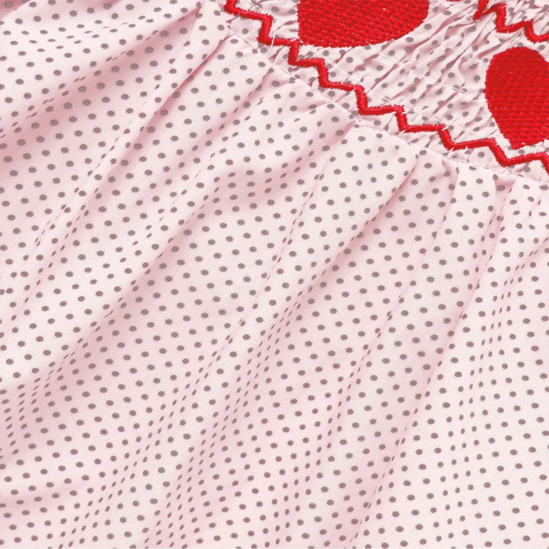 Baby Girl's Short Sleeve Pink Romper, Polka Dot Pattern With Heart Embroidery And Ruffle Detail