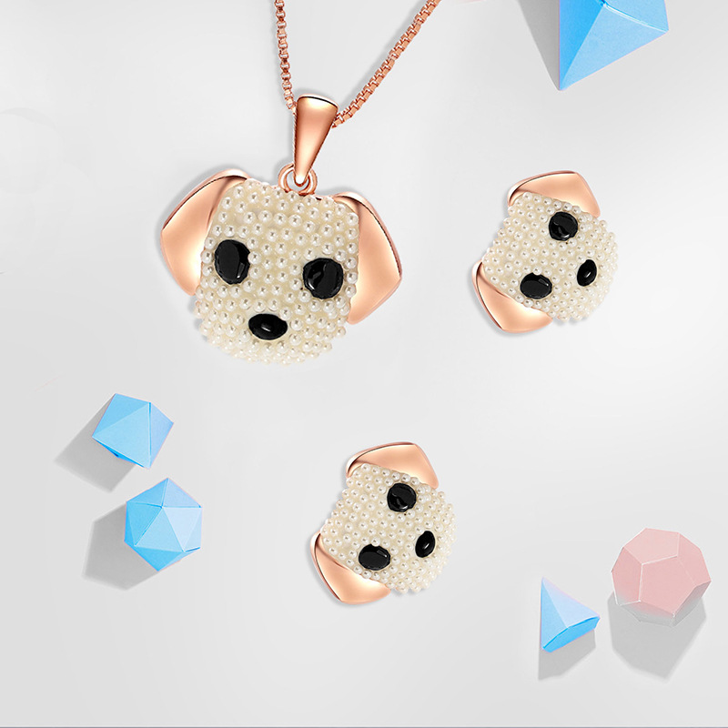 Two-piece Style Pearl Painting Oil Puppy Necklace And Earrings