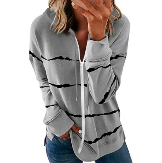 Women's Striped Printed Loose Hooded Sweater Grey - Shop at LoveMi