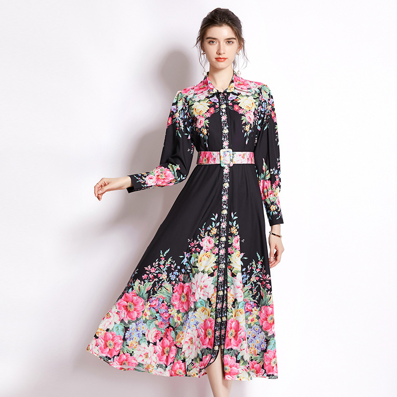 Women's Long Sleeve Printed Single Breasted Slim Dress